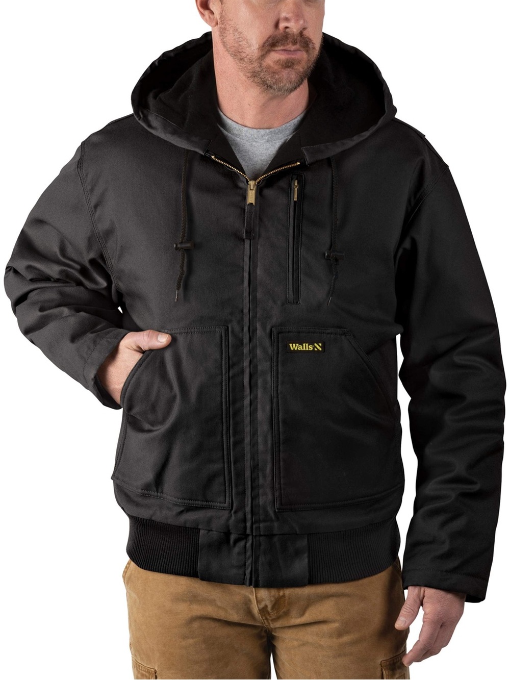 Walls Workwear Insulated Hooded Full Zip Jacket Black Men's M-Reg Duck Canvas